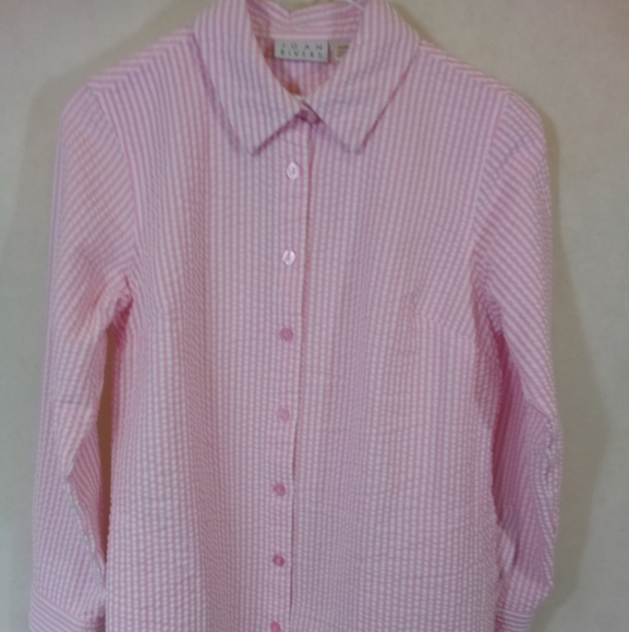 Joan Rivers Tops - VTG Joan Rivers L/S Pink White Stripe Seersucker Button Down Shirt Blouse XXSP